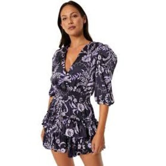 Misa Large Women's Lilah Dress Indigo Vines Glam Puff Sleeve Tiered Ruffle Dress - Picture 1 of 7